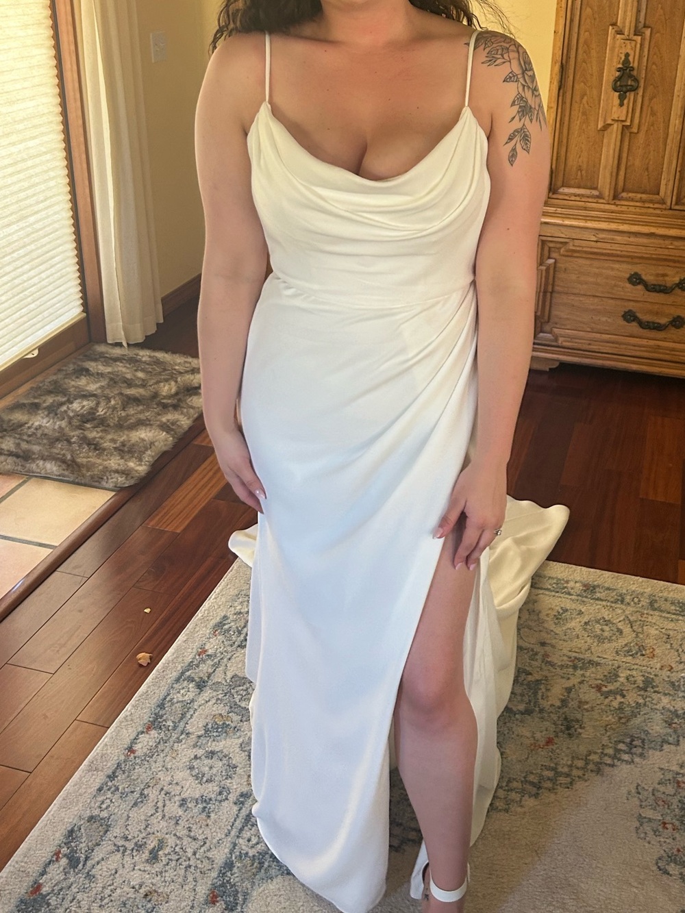 Elegant White Cowl Neck Satin Wedding Dress